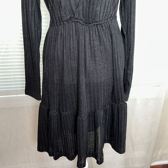 CUPSHE M Black V-Neck Long Sleeve Knit Ribbed Swim Cover-up Ruffle Dress - Picture 6 of 14